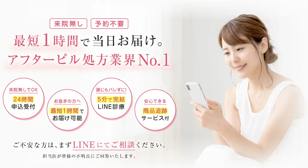 アフターピル処方業界No.1。最短1時間で当日お届け